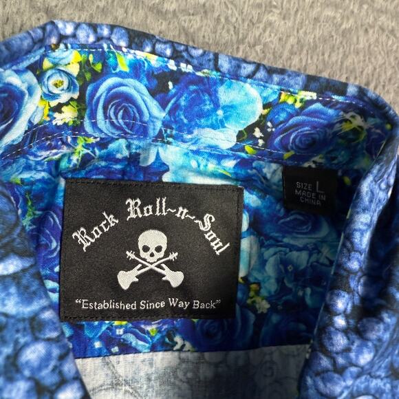 Rock Roll n Soul Shirt Mens L Blue Floral Pearl Snap Western Skull Flip Cuff - Picture 3 of 9
